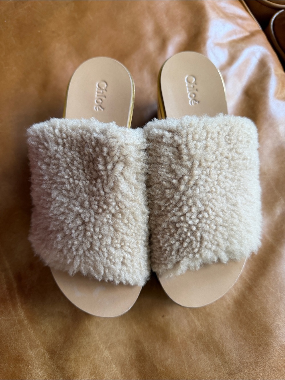 Chloe Beige Shearling Slide Sandals
